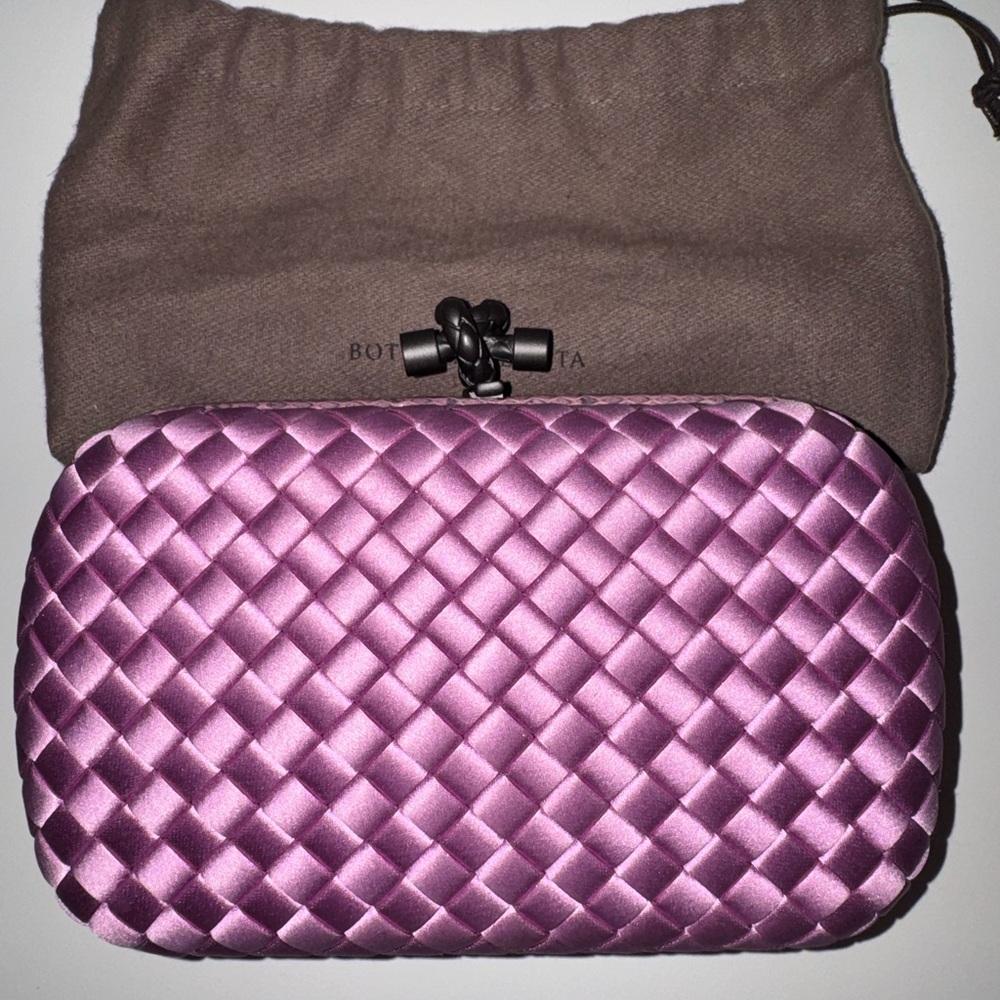 Bottega Veneta Mauve Pink Woven Satin Knot Clutch